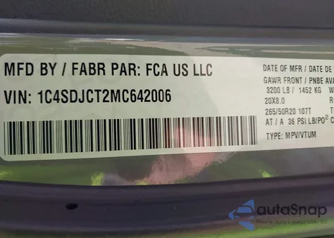 2021 Dodge Durango R/T из США, поврежденный, VIN 1C4SDJCT2MC642006